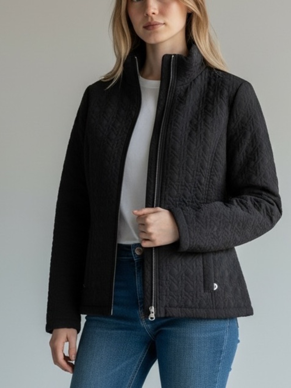 Gallery Petite Black Quilted Zip Up Mock Neck Jacket Size Petite Small